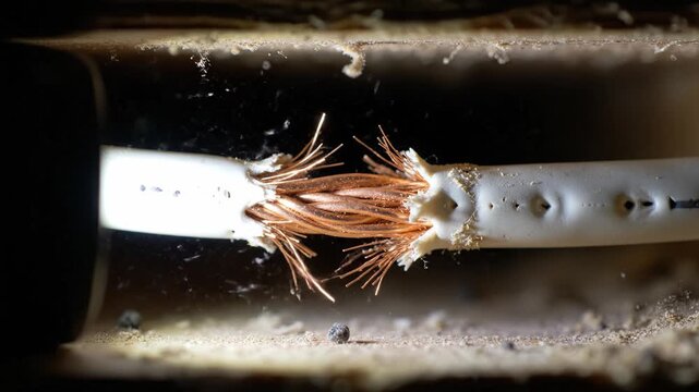 Close up of damaged white electrical cable with exposed copper strands in dusty space. Shows hazard of short circuit and fire risk, suitable for industrial safety and repair visuals.