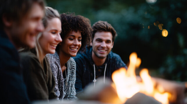 Group of young adults enjoying a cozy outdoor campfire together in a natural setting during evening time