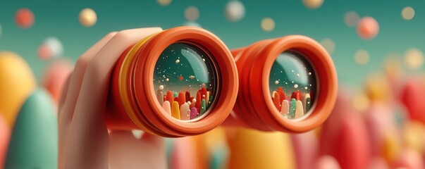 Person holds orange binoculars, magnifying a colorful candy landscape through the lenses