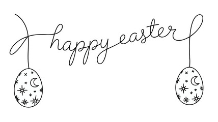 Elegant calligraphy happy easter greeting with celestial decorated eggs hanging