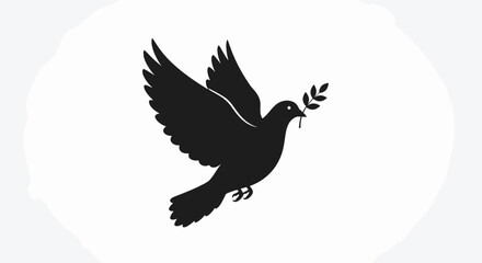 Fototapeta premium A minimalist black silhouette of a dove flying with an olive branch in its beak, symbolizing peace, hope, and freedom on a white background.