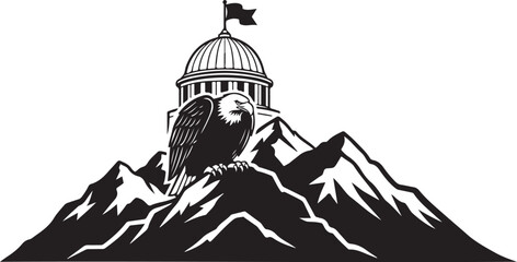 American Eagle Silhouette with Flag and Mountain – Patriotic Black Vector Design