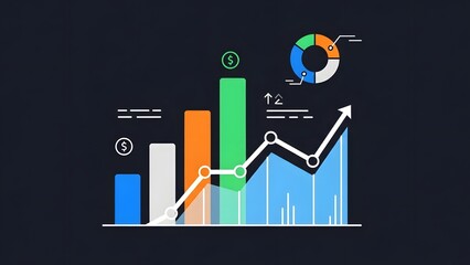 Colorful business growth chart and graph illustration on dark background
