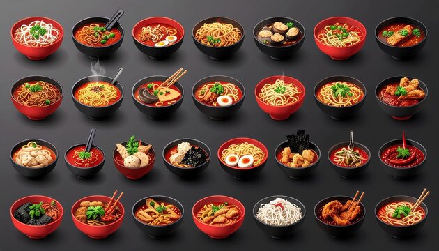 A delectable showcase of various Asian ramen and noodle dishes, offering diverse flavors and culinary delights