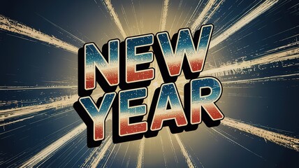 Boldly displayed New Year lettering features a captivating red to blue gradient over a burst background