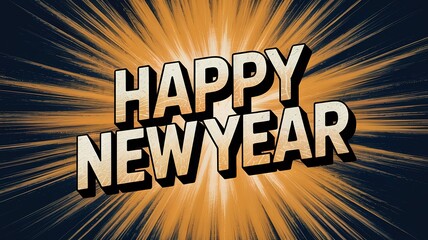 Bold Happy New Year text appears against an energetic radial burst background for holiday cheer