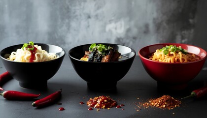 A tantalizing trio of spicy Asian ramen bowls, showcasing a variety of toppings and intense flavors with fresh chilies
