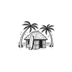 Vintage engraving illustration of a tropical beach hut  between two palm trees with a surfboard leaning against the wall