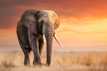 Obraz premium Majestic elephant walks through golden grasslands under a blue sky in a serene landscape during midday