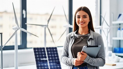 Young woman smiling while holding tablet in renewable energy office  