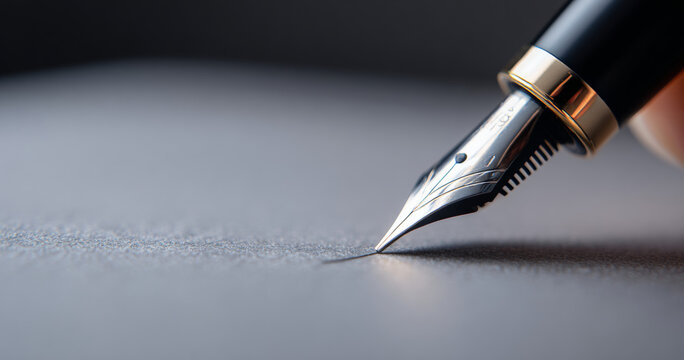 Close-up of a fountain pen nib poised on textured paper ready to write with elegant metallic details and soft focused background