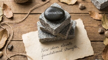 Stone with innovation balanced on stacked rocks and inspirational quote