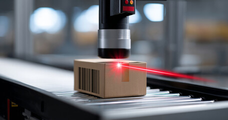Automated barcode scanning on cardboard package moving on conveyor belt in modern warehouse or distribution center