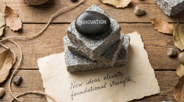 Stone with innovation balanced on stacked rocks and inspirational quote - Powered by Adobe