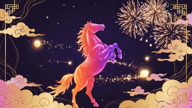 Mythical glowing horse galloping across a starry night sky with golden oriental clouds and magical light orbs, vibrant fantasy illustration