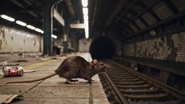 A brown rat scurries across a litter-filled subway platform near the tracks. The scene depicts urban decay and pest problems in public transport, suitable for city life concepts.