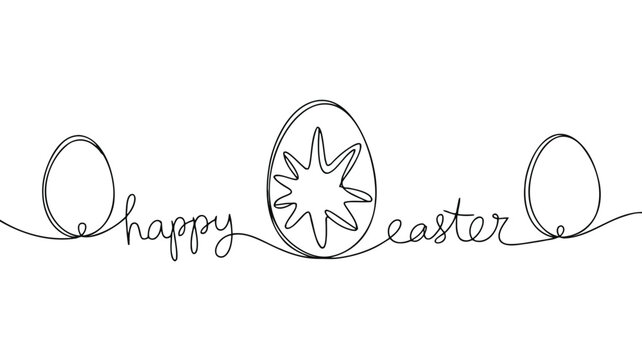 Minimalist continuous line drawing of three easter eggs and the words happy easter