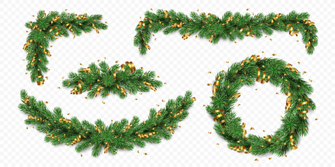 Vector collection of realistic pine tree branches with golden confetti and ribbons isolated on a transparent background. Holiday Christmas tree seamless garland for winter decoration banner, poster, g