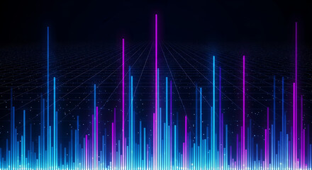 Abstract futuristic audio equalizer background with glowing neon bars on a digital perspective grid
