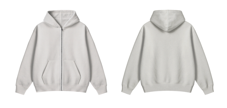 Light Gray Zipper Hoodie Mockup Front and Back on Transparent Background