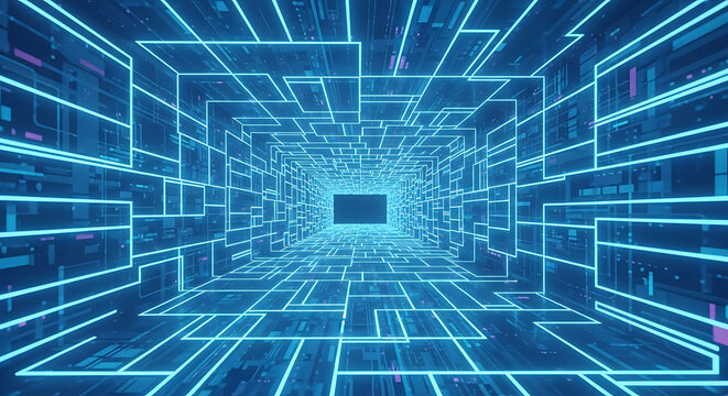 Abstract blue neon digital corridor leading into cyberspace, perfect for technology background