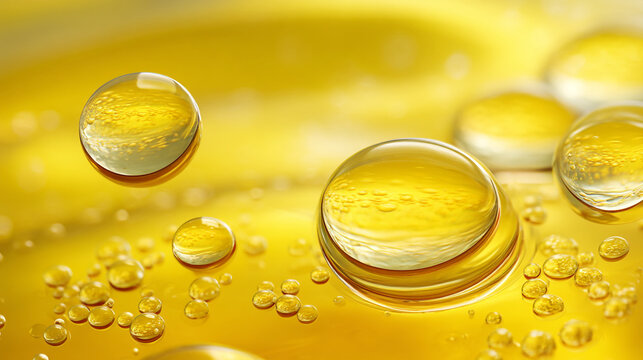 Close up view of several golden yellow liquid drops on a surface with a blurred background