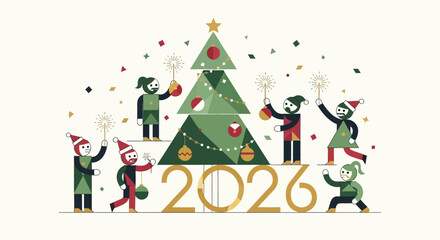 Happy New Year 2026 Festive Celebration with Christmas Tree and Sparkling Fireworks