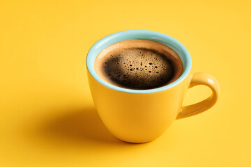 Fototapeta premium Warm coffee cup with steam on a yellow background ready to start the day