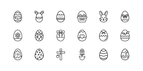 Easter outline icons collection featuring a variety of decorated eggs, charming bunny, festive basket, and religious cross symbol perfect for spring holiday designs. Vector, illustration