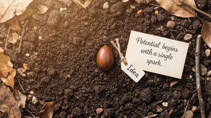 Acorn seed with idea tag in fertile soil