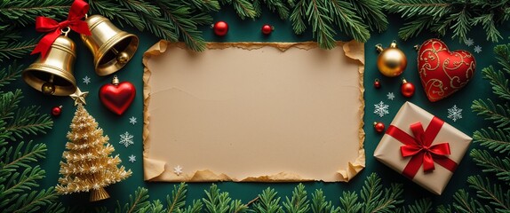 Winter holiday background with empty parchment for text surrounded by fir branches golden bells red heart ornaments gift box christmas tree snowflakes on green festive backdrop 200chr