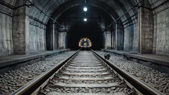 Dark subway tunnel perspective with railway tracks and a rat running across. Eerie urban atmosphere suitable for horror or city decay themes showing underground infrastructure.