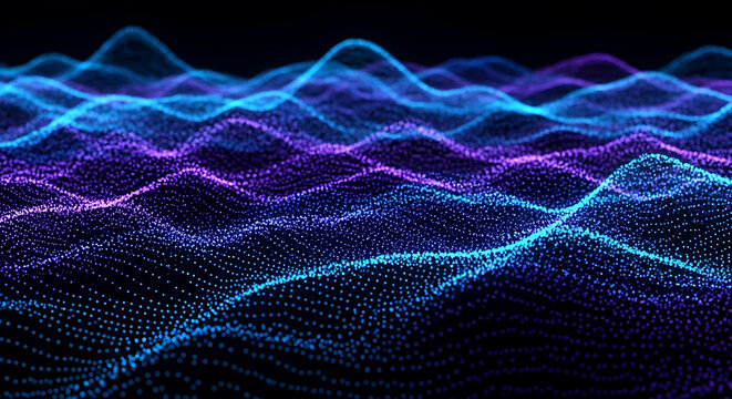 Abstract futuristic particle wave background showing big data flow visualization in vibrant blue and purple colors.