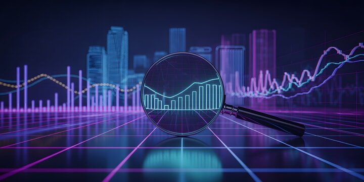 Magnifying glass over upward growth graph with futuristic city background, analytics, data, and financial business success concept illustration