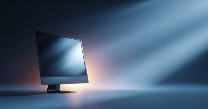 Modern desktop computer monitor illuminated by soft blue and orange light beams in a dark minimalist studio setting