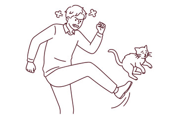 Linear sketch of cruel person attacking pet with leg. Coloring page style illustration of animal abuse where angry owner kicks scared cat.
