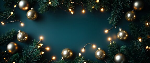 Elegant Holiday Composition Displaying Lush Green Pine Branches Accented With Glimmering Golden Ornaments and Strands of Soft Glowing Lights on Deep Teal Background
