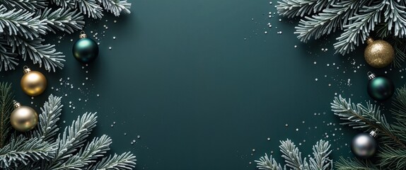 Elegant winter background with ornaments of green fir branches and decorative baubles with snow for holiday season copy space design with creative festive flat lay shot of christmas