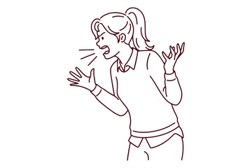 Black and white doodle of aggressive girl yelling. Outline illustration of stressed female character losing temper due to PMS or nervous breakdown.