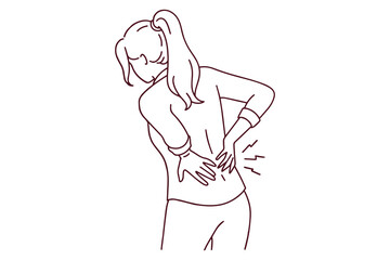 Outline drawing of sick girl feeling pain in lower back. Black and white illustration of female character having health problems or kidney ache.