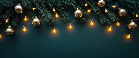 Festive evergreen boughs adorned with glowing garland lights and lustrous golden baubles on dark teal backdrop for decorative holiday card background and winter season design