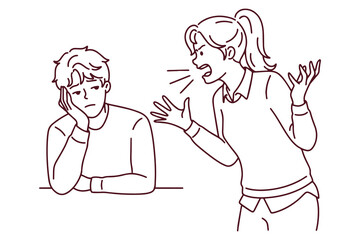 Black and white linear drawing of couple arguing. Furious girl yells at boyfriend who ignores her in this coloring page style illustration about relationship crisis.