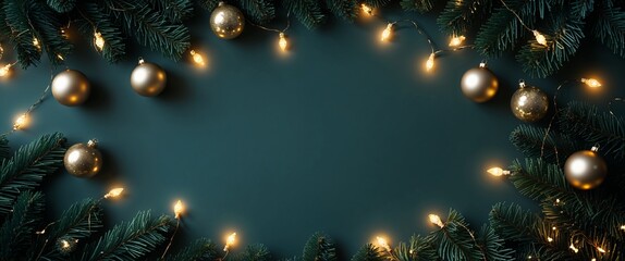 Warm and inviting image featuring evergreen boughs with sparkling garland lights and exquisite golden ornaments against dark teal backdrop for cozy winter design and holiday cards