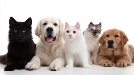 Diverse group of pets sitting together in a bright studio setting