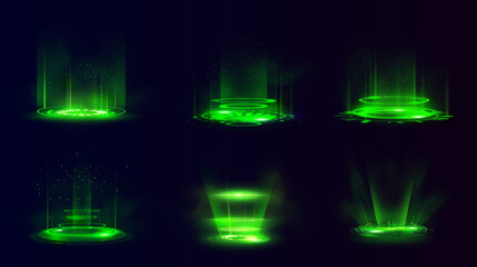 Neon green set of round portals with energy flow lines, magical sparks, and a glow effect.