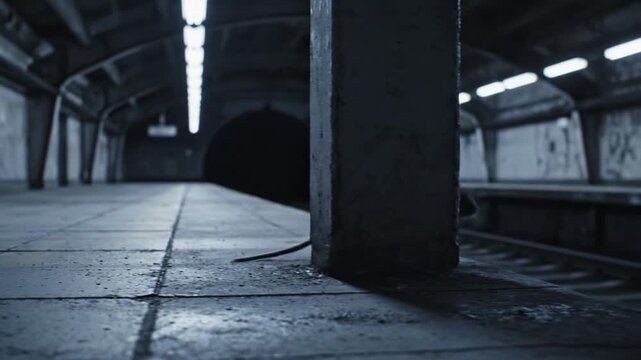 A rat scurries across a dark subway platform towards garbage. The moody blue tone represents urban decay. Ideal for themes of pest control, city life, or horror settings.