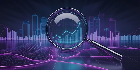 Magnifying glass over upward growth graph with futuristic city background, analytics, data, and financial business success concept illustration