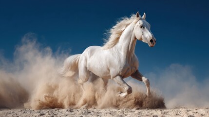 White horse running dust