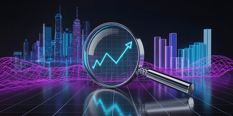 Magnifying glass over upward growth graph with futuristic city background, analytics, data, and financial business success concept illustration