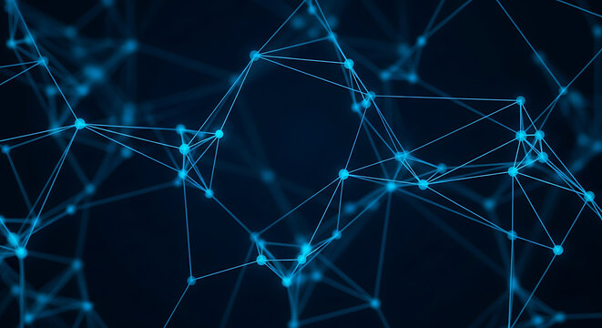 Abstract technology background with futuristic polygonal structure and connected glowing dots representing big data or AI